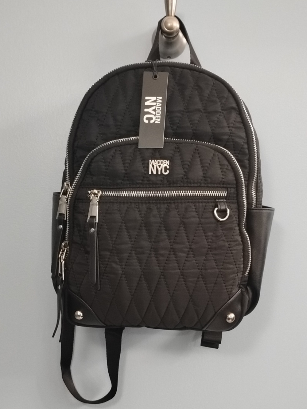 NWT Steve Madden Black Quilted Backpack with Silver Hardware